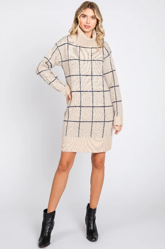 Taupe Windowpane Turtleneck Sweater Dress