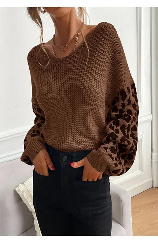 Ladies Crew Neck Leopard Print Contrasting Pullover Sweater