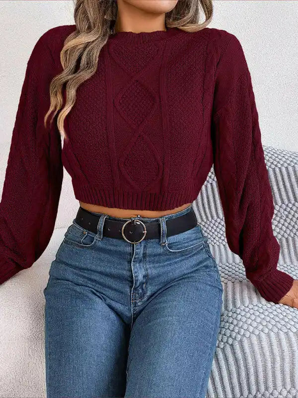 New autumn and winter casual solid color twist long-sleeved pullover navel-baring sweater