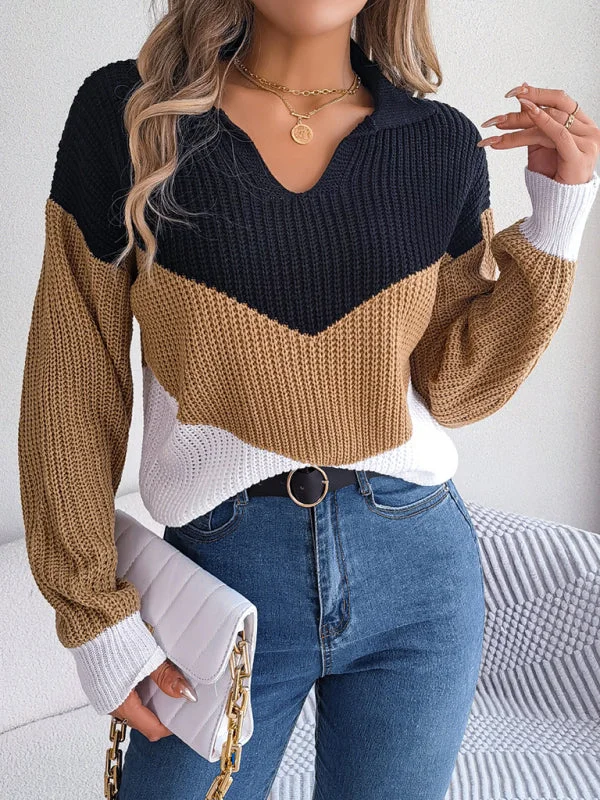 New Ladies Lapel Collar Contrast Color Long Sleeve Knitted Pullover Sweater