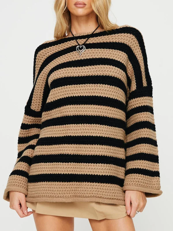 New women's loose one-line collar striped long-sleeved knitted pullover casual sweater