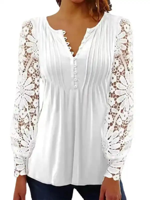 Fashion Women’s Lace Sleeves Pleated Solid Color Button T-shirt Bottoming Shirt