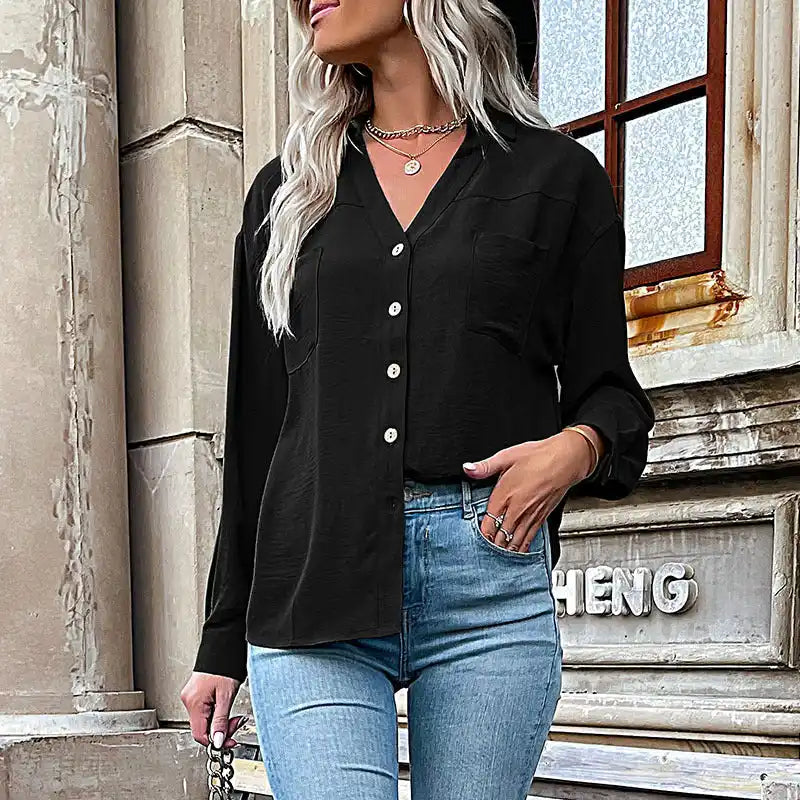 Fashion Women’s Solid Color Lapel Collar Solid Color Shirt