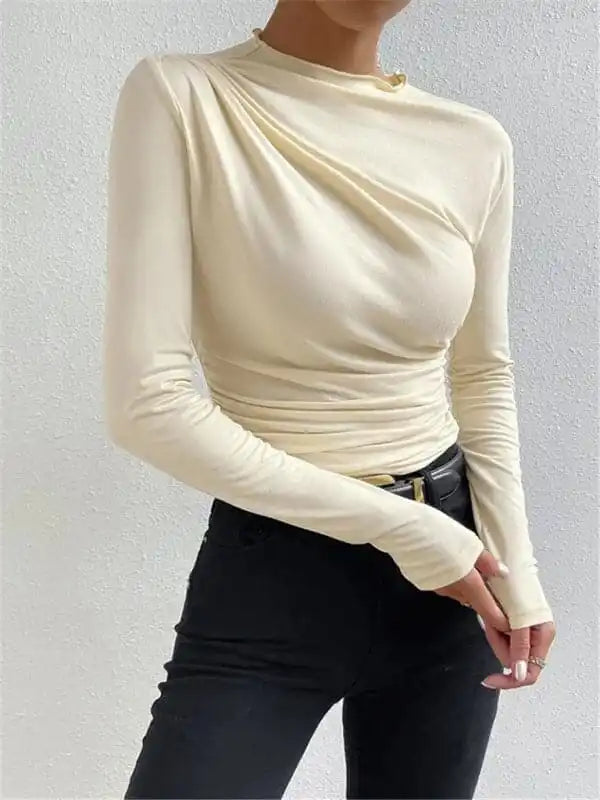 Solid color slim fit versatile ruffled design long-sleeved T-shirt women’s top