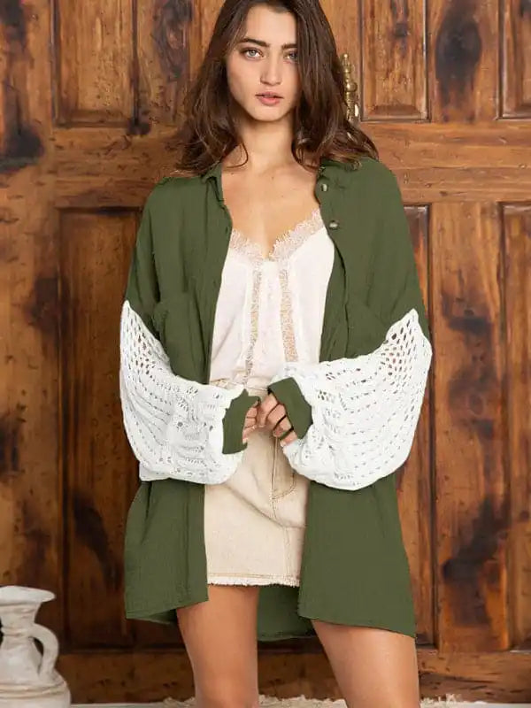 Women’s casual knitted patchwork long sleeve shirt