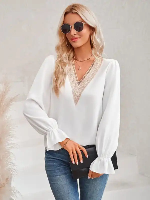 Women’s casual solid color v-neck lace ruffle sleeve loose top