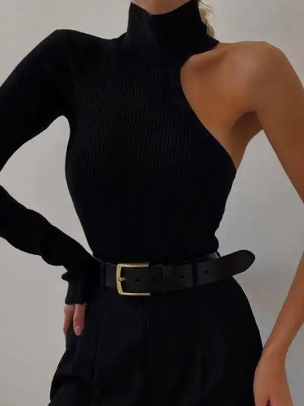 Women’s Fashion One Shoulder Long Sleeve Round Neck Slim Fit Solid Color Jumpsuit