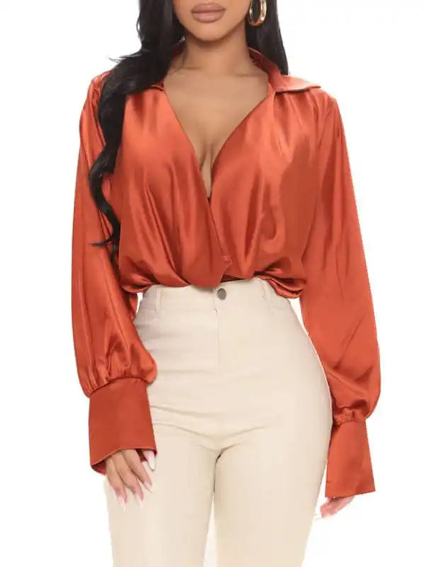 Women’s Solid Color Long Sleeve Satin Cowl Neck Blouse