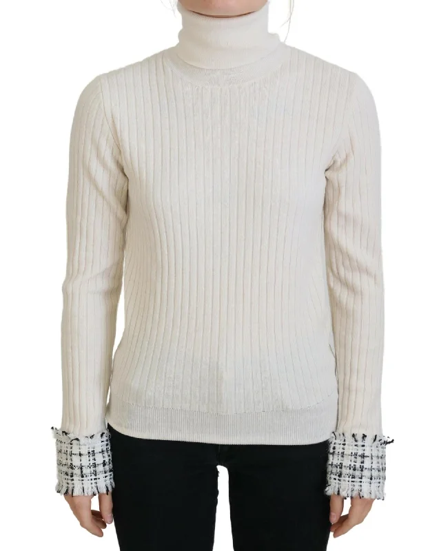 Dolce & Gabbana Ivory Turtleneck Distressed Cuff Pullover