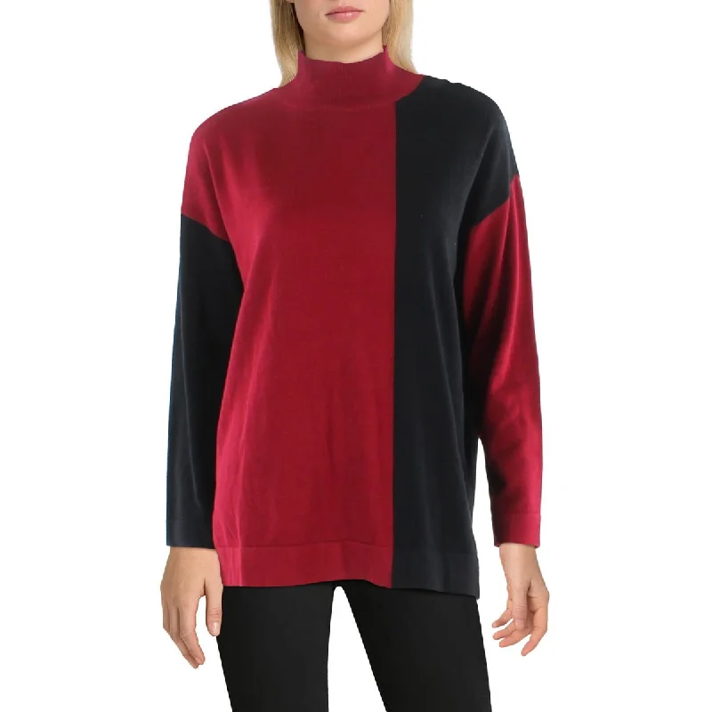 Womens Colorblock Mock Neck Pullover Sweater