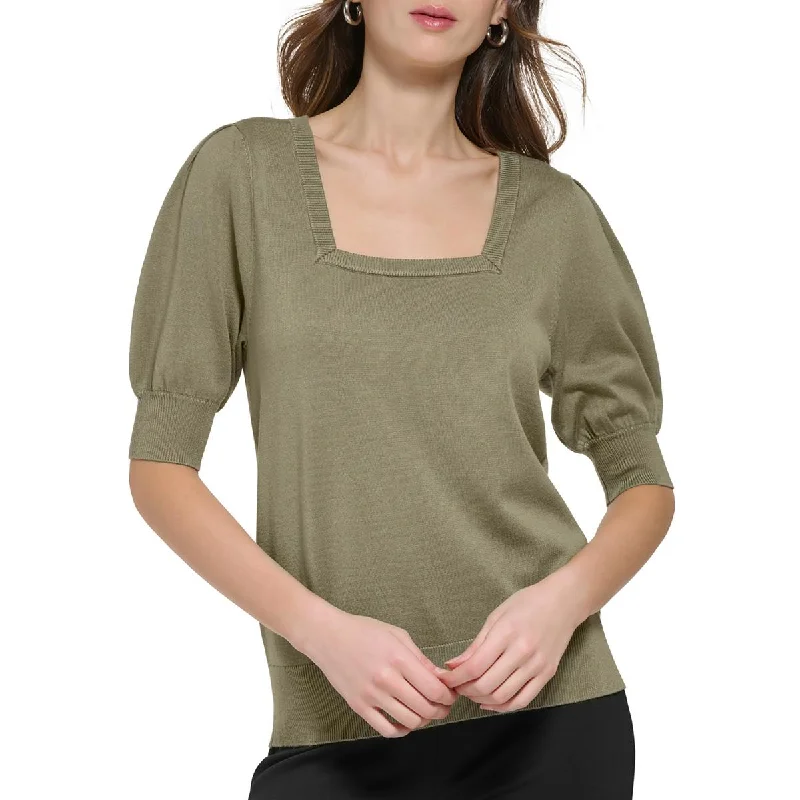 Womens Ribbed Trim Square Neck Pullover Sweater