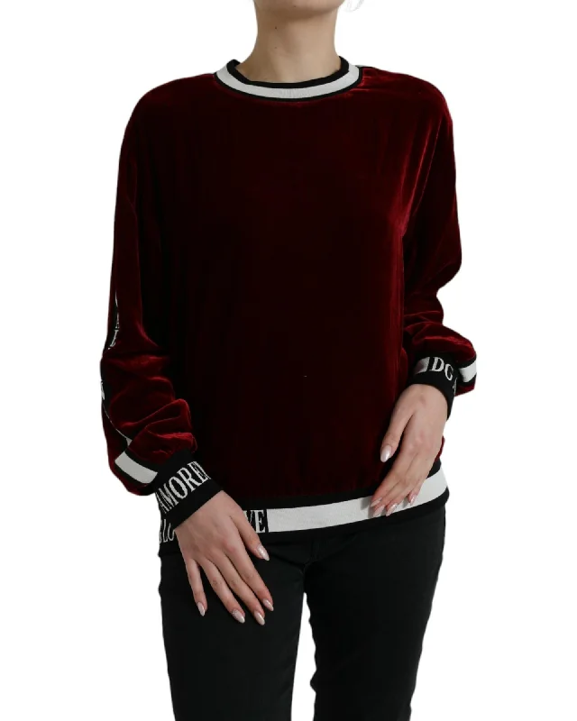 Dolce & Gabbana Burgundy Velvet Round Neck Pullover Sweater