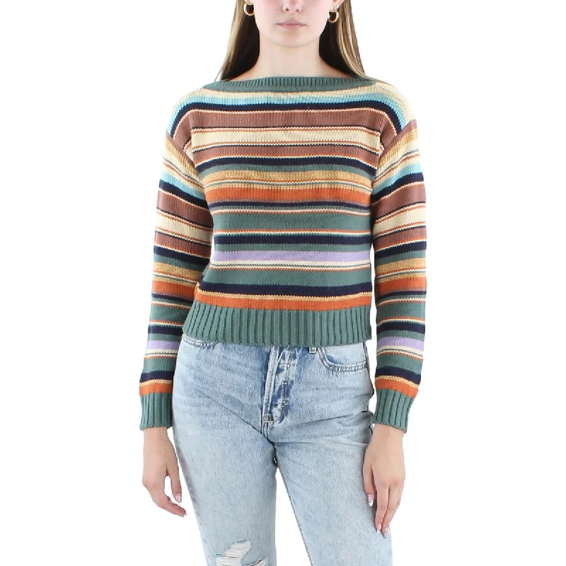 Petites Womens Linen Blend Striped Pullover Sweater