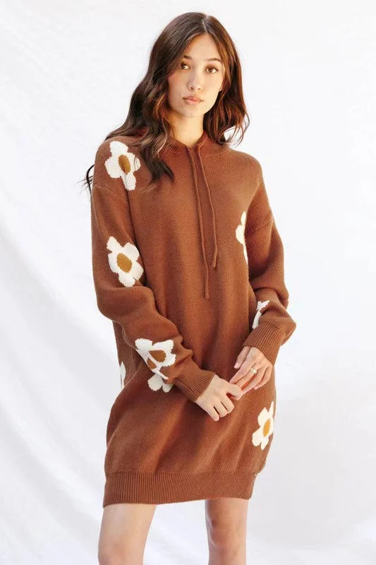 Brown Flower Hoodie Sweater Dress