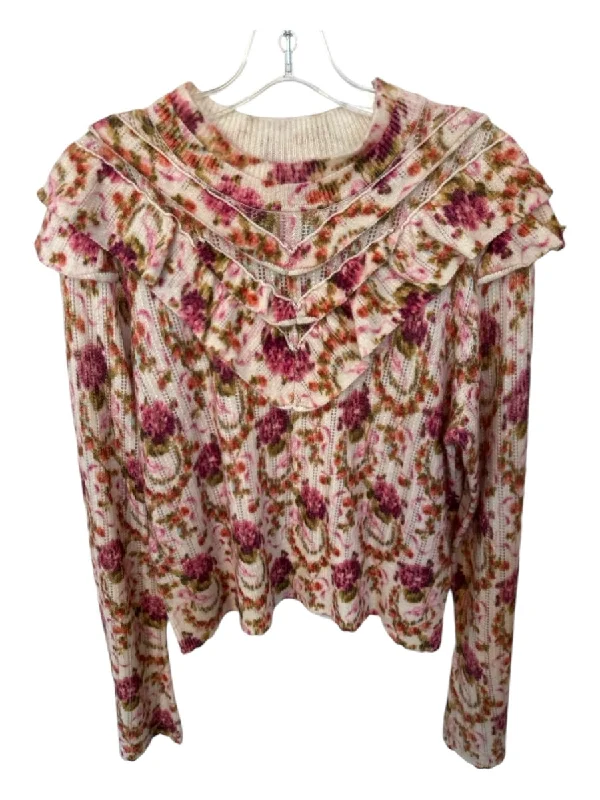 By Anthropologie Size XS Pink & Orange Cashmere Long Sleeve Floral Sweater