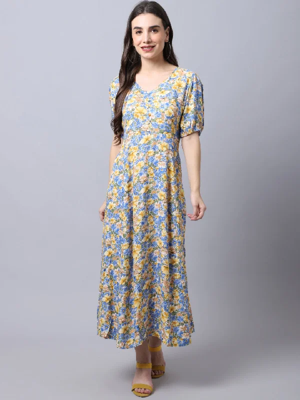 Women's Casual V neck Yellow Floral Print A line Dress