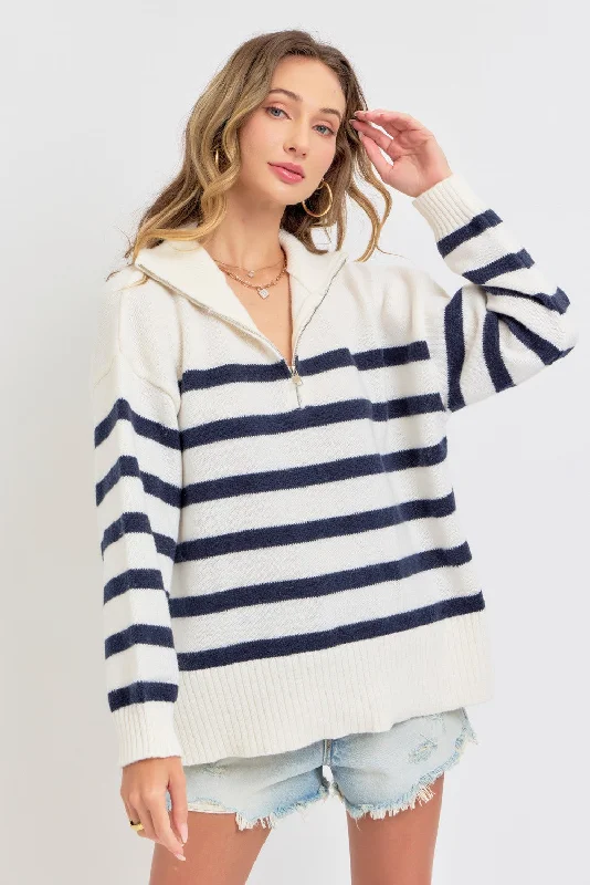 Cream/Navy Striped Zip-Front Oversized Pullover Knit Sweater