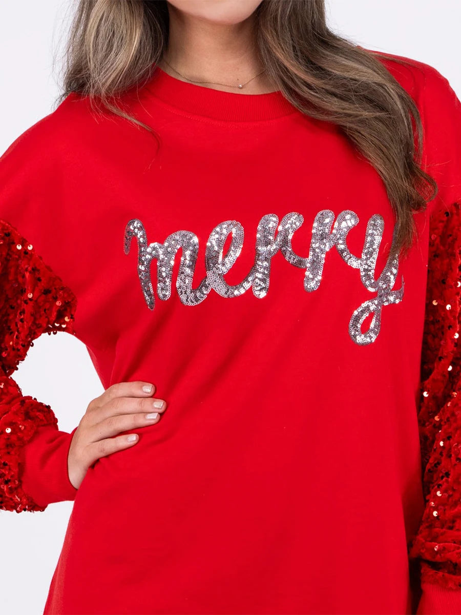 Women s Christmas Loose Pullover Glitter Sequin Long Sleeve Crew Neck Reindeer Printed Sweatshirt with Pockets