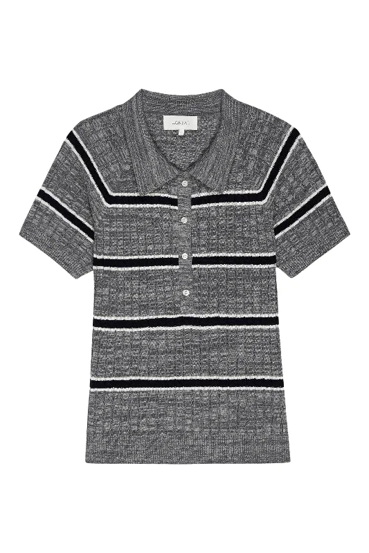 The Great Classic Polo Sweater in Heather Grey Stripe