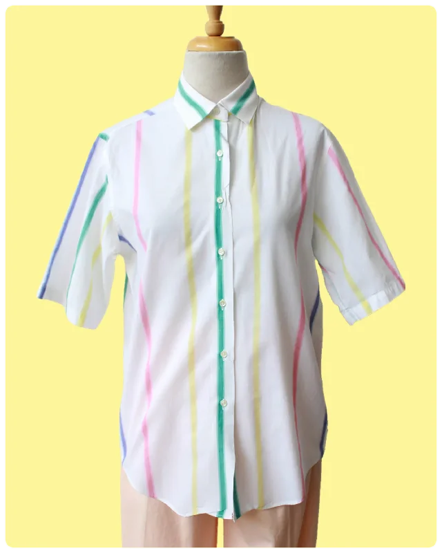 Vintage 80s Rainbow Stripe White Button Down Shirt, M/L