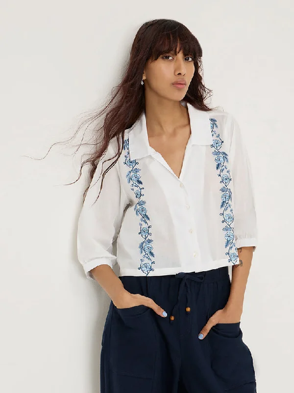 Bombay Paisley White Floral Embroidered Cotton Shirt