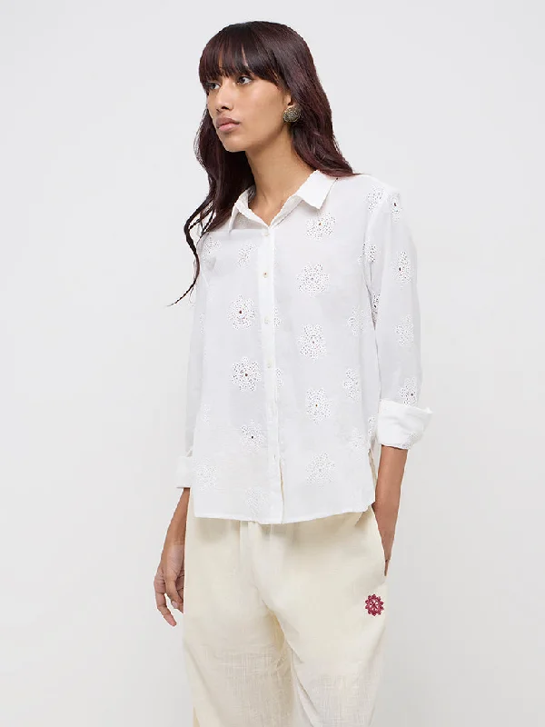 Bombay Paisley White Floral Embroidery Cotton Shirt