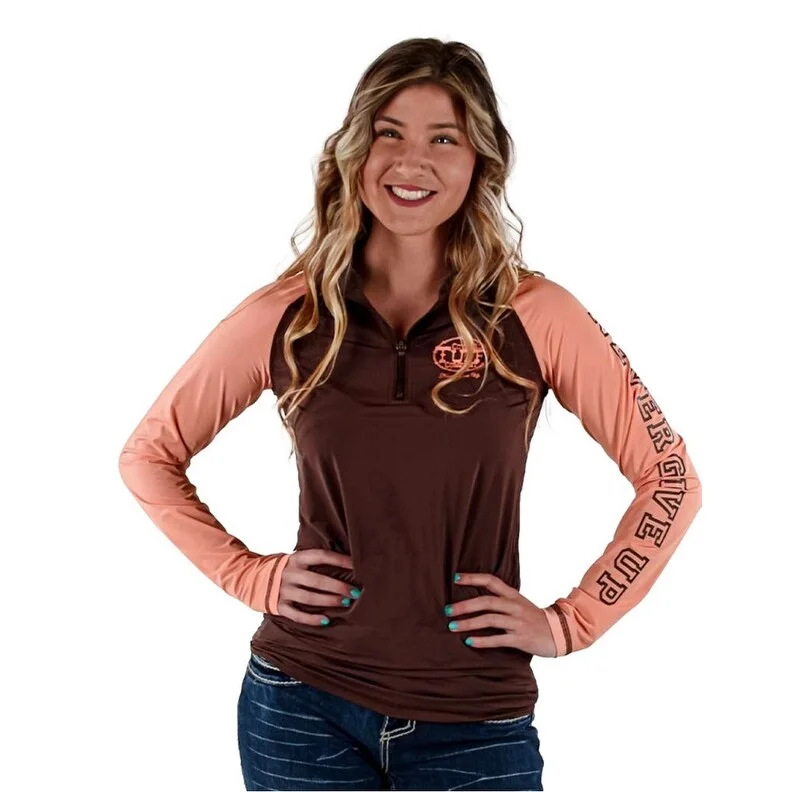 Cowgirl Tuff Western Shirt Womens L/S Tee 1/4 Zip Brown Coral 100549