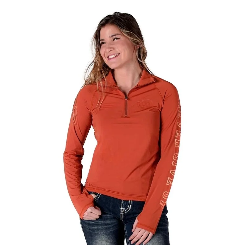 Cowgirl Tuff Western Shirt Womens L/S Tee 1/4 Zip Rust 100546