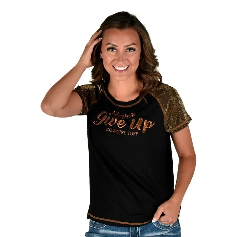 Cowgirl Tuff Western Shirt Womens S/S Tee Embroidery Black 100655