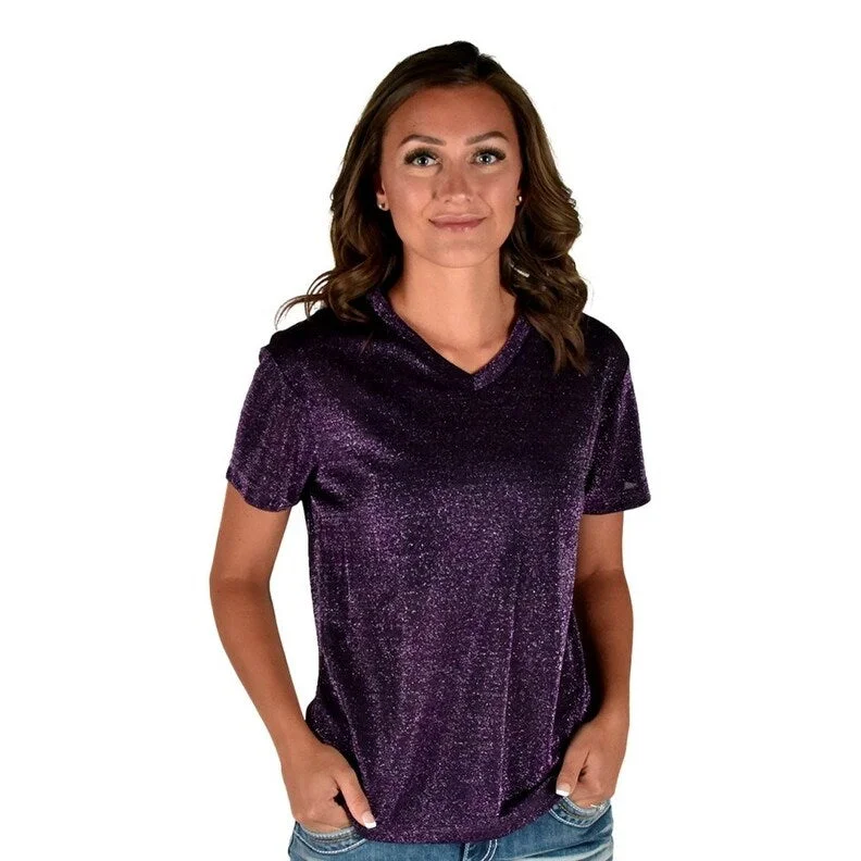 Cowgirl Tuff Western Shirt Womens S/S Tee V Neck Purple 100649