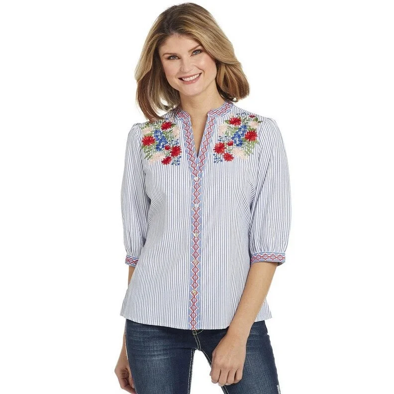 Cowgirl Up Western Shirt Womens 3/4 Sleeve Mandarin White Blue CG00101