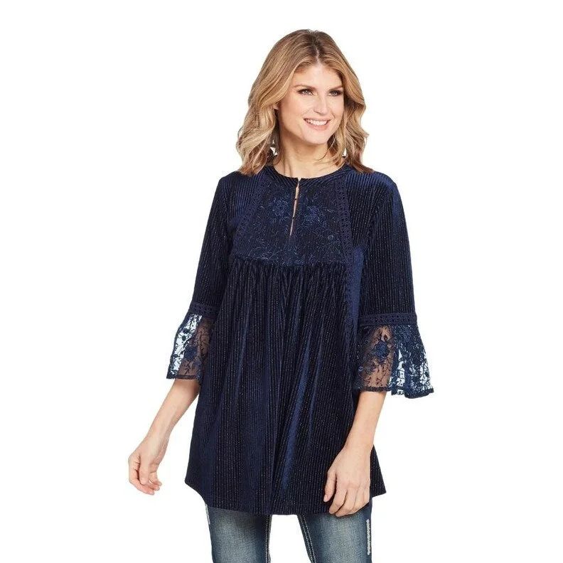 Cowgirl Up Western Shirt Womens 3/4 Sleeve Velvet Lace Navy CG01203