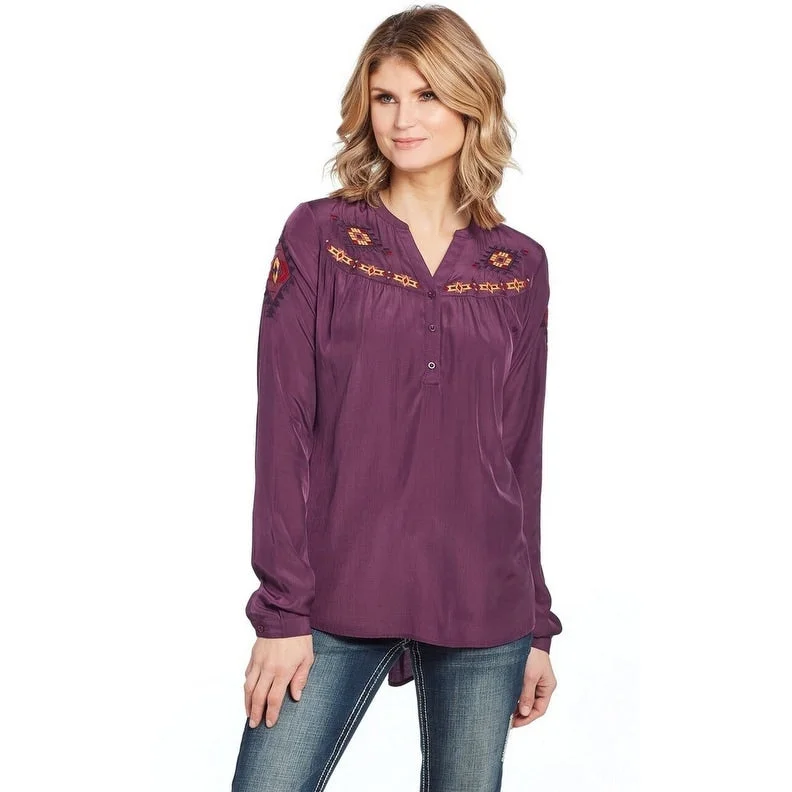 Cowgirl Up Western Shirt Womens L/S Geometric Henley Purple CG01102