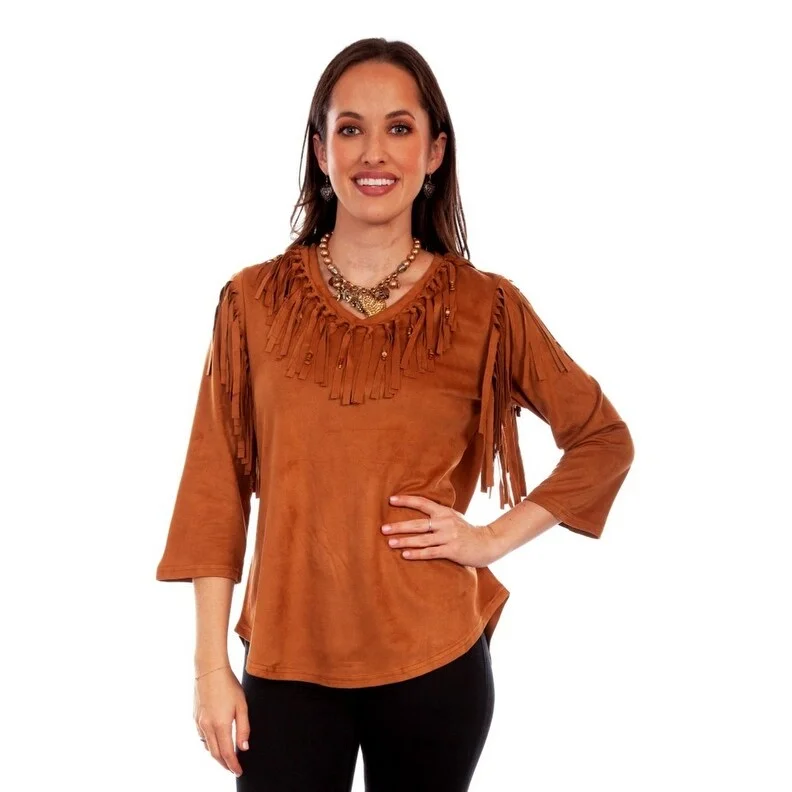 Scully Western Shirt Women 3/4 Sleeve Suede Fringe Microfiber F0_HC773