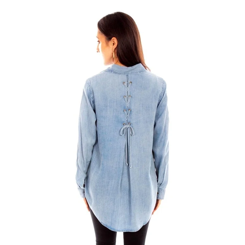 Scully Western Shirt Womens 3/4 Sleeve Lace Up Back Blue F0_HC844