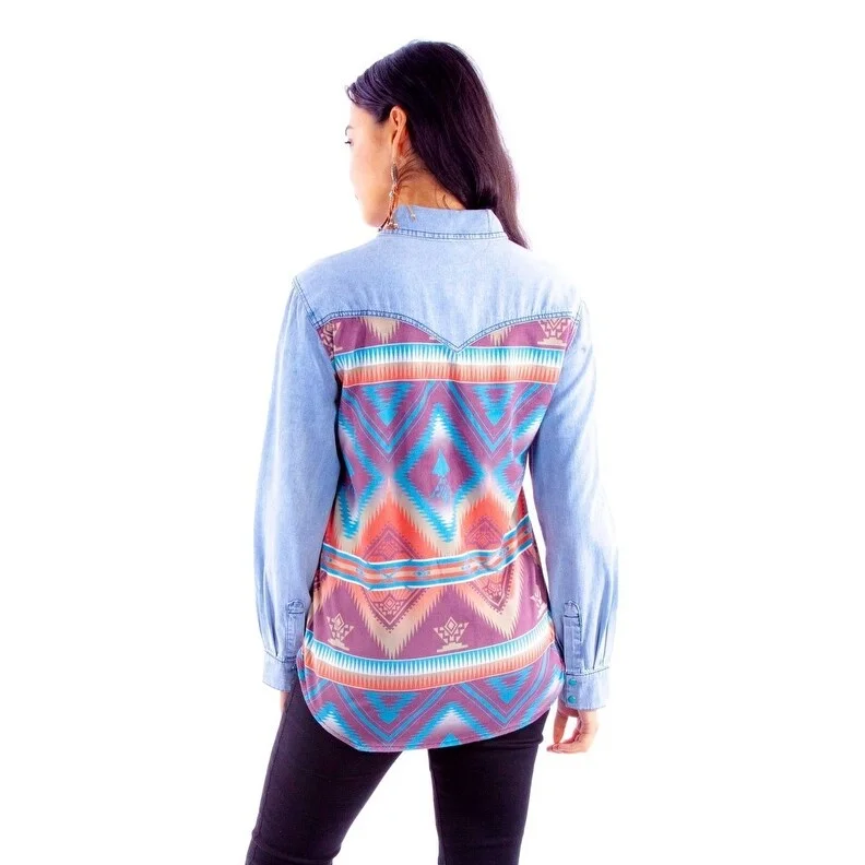 Scully Western Shirt Womens L/S Aztec Print Yoke Snap Denim F0_HC916