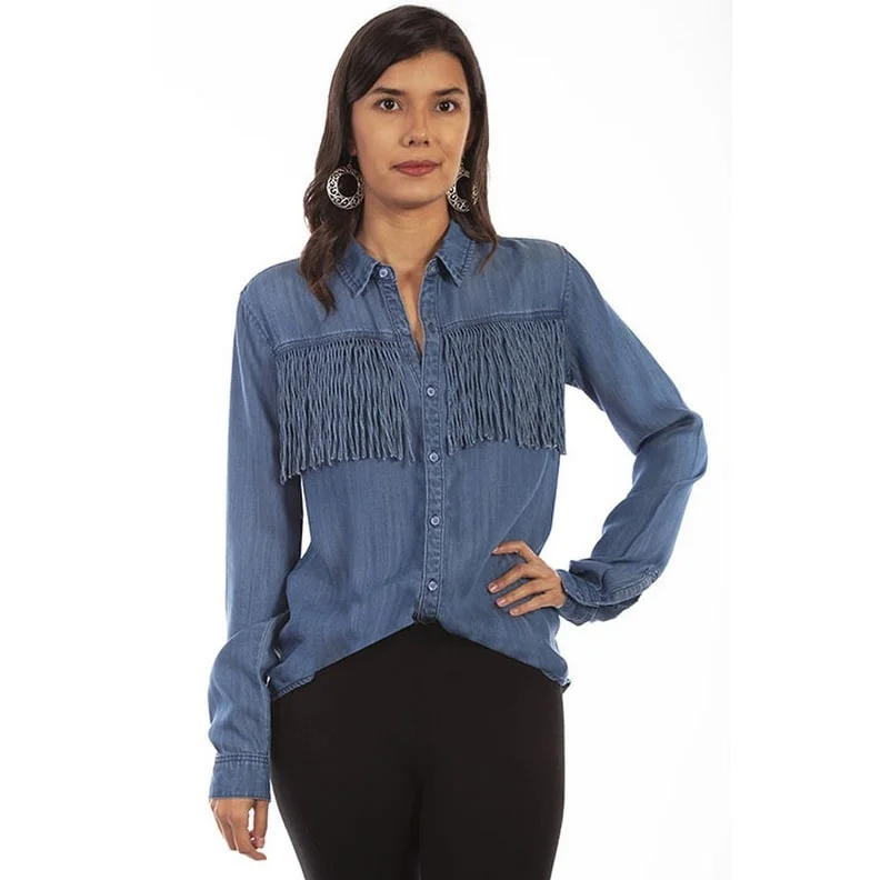 Scully Western Shirt Womens L/S Button Fringe Denim F0_HC641