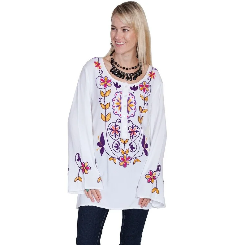 Scully Western Shirt Womens L/S Floral Embroidered White F0_E190