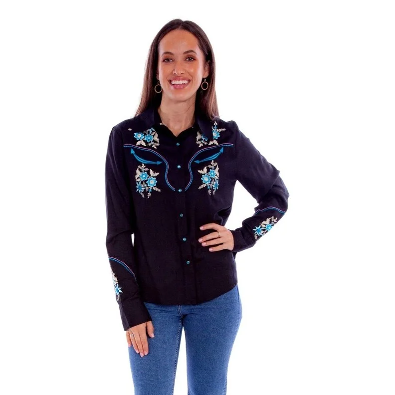 Scully Western Shirt Womens L/S Floral Embroidery Black F0_HC870