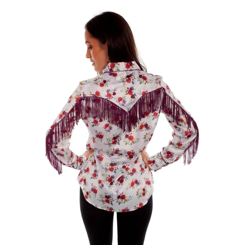 Scully Western Shirt Womens L/S Floral Print Fringe White F0_HC864