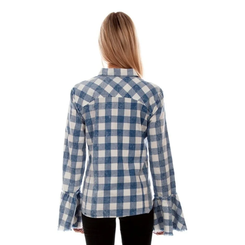 Scully Western Shirt Womens L/S Plaid Bell Sleeve Blue F0_HC753