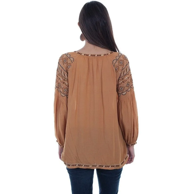 Scully Western Shirt Womens L/S Tie Neck Embroidered Gold F0_HC526