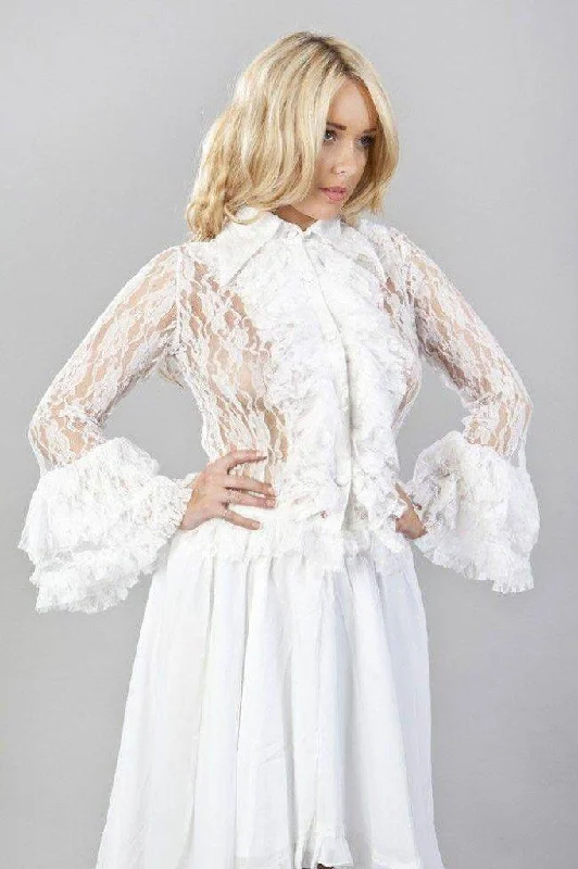 Widow Long Sleeve Ladies Vintage Shirt In White Stretch Lace