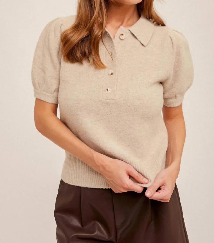 Brushed Texture Collared Polo Sweater Top In Taupe